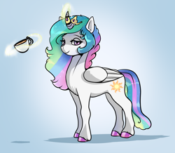 Size: 4554x3972 | Tagged: safe, artist:mylittlegodzilla, imported from derpibooru, princess celestia, alicorn, pony, absurd resolution, colored hooves, food, levitation, looking at you, magic, simple background, smiling, solo, tea, telekinesis, young celestia