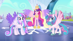 Size: 1024x569 | Tagged: safe, artist:velveagicsentryyt, imported from derpibooru, princess cadance, princess flurry heart, oc, oc:chryssa, pony, offspring, older, parent:princess cadance, parent:shining armor, parents:shiningcadance