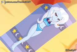 Size: 2800x1900 | Tagged: safe, artist:deadinside97, imported from derpibooru, trixie, equestria girls, arm behind head, beach, bedroom eyes, clothes, female, grin, high res, looking at you, lying down, on back, patreon, show accurate, smiling, smiling at you, solo, swimsuit