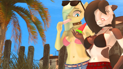 Size: 3840x2160 | Tagged: safe, artist:arrell, imported from derpibooru, oc, oc:arrell, oc:madam matilda, anthro, 3d, beach, big breasts, bikini, bikini top, breasts, choker, clothes, collar, denim shorts, duo, female, food, furry, high res, ice cream, ice lolly, palm tree, popsicle, shorts, skirt, source filmmaker, summer, sunglasses, swimsuit, tree