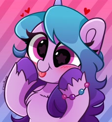 Size: 3751x4096 | Tagged: safe, artist:kittyrosie, imported from derpibooru, izzy moonbow, pony, unicorn, :p, blushing, female, g5, gradient background, heart, mare, solo, striped background, tongue out