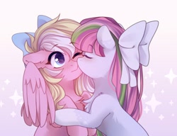 Size: 3000x2300 | Tagged: safe, artist:whiteliar, imported from derpibooru, part of a set, oc, oc only, oc:bay breeze, earth pony, pegasus, pony, bow, chest fluff, commission, cute, eyes closed, female, hair bow, kissing, mare, not blossom forth, not blossomforth, one eye closed, wings, ych result
