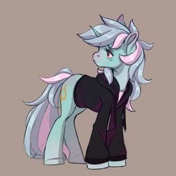 Size: 1261x1261 | Tagged: safe, artist:1an1, imported from derpibooru, lyra heartstrings, pony, unicorn, brown background, clothes, dig the swell hoodie, female, hoodie, looking back, mare, simple background, solo