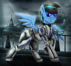 Size: 1308x1202 | Tagged: safe, artist:jesterpi, imported from derpibooru, oc, oc:iceberg skystriker, pegasus, pony, armor, armored pony, blaster, bridge, clone, clone trooper, clothes, dramatic, epic, fight, kamino, looking at you, ocean, rain, sci fi, science fiction, shading, shadow, solo, standing, star wars, storm trooper, stormtrooper, water, wings