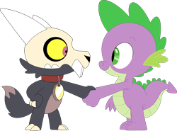 Size: 3576x2650 | Tagged: safe, artist:porygon2z, imported from derpibooru, spike, dragon, broken horn, collar, crossover, duo, duo male, handshake, high res, horn, king (the owl house), king clawthorne, male, pet tag, show accurate, simple background, skull, the owl house, titan, transparent background, vector