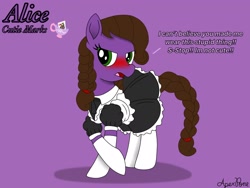 Size: 2048x1536 | Tagged: safe, artist:apexpone, imported from derpibooru, oc, oc only, oc:alice, earth pony, pony, blatant lies, blushing, braided pigtails, braided tail, clothes, embarrassed, i'm not cute, maid, reference sheet, simple background, socks, solo, stockings, thigh highs, tsundere