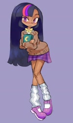 Size: 1141x1920 | Tagged: safe, artist:honeyraine, artist:honeyrainee, artist:shugrcube, imported from derpibooru, twilight sparkle, human, book, clothes, dark skin, female, humanized, moderate dark skin, shoes, simple background, skirt, socks, solo, sweater