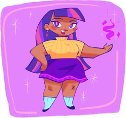 Size: 1974x1848 | Tagged: safe, artist:honeyraine, artist:honeyrainee, artist:shugrcube, imported from derpibooru, twilight sparkle, human, clothes, cutie mark accessory, cutie mark earrings, dark skin, ear piercing, earring, female, humanized, jewelry, piercing, plump, shoes, short sleeves, skirt, socks, solo