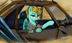 Size: 2500x1500 | Tagged: safe, artist:darksly, imported from derpibooru, lightning dust, pegasus, pony, belt, car, clothes, crossover, desert, female, looking at you, mad max, mare, parody, sand, shirt, solo