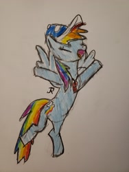 Size: 3024x4032 | Tagged: safe, artist:joeydr, imported from derpibooru, rainbow dash, pegasus, pony, 2 4 6 greaaat, arms wide open, coach rainbow dash, coaching cap, cute, dashabetes, eyes closed, female, flying, happy, mare, open mouth, rainbow dashs coaching whistle, signature, simple background, solo, traditional art, whistle, whistle necklace, wings