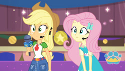 Size: 3410x1920 | Tagged: safe, imported from derpibooru, screencap, applejack, fluttershy, best in show: the victory lap, equestria girls, equestria girls series, spoiler:eqg series (season 2), applejack's hat, belt, best in show logo, clothes, cowboy hat, cutie mark, cutie mark on clothes, denim skirt, female, geode of fauna, geode of super strength, hairpin, hat, jewelry, magical geodes, microphone, necklace, skirt, smiling