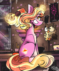 Size: 2500x3000 | Tagged: safe, artist:its_sunsetdraws, imported from derpibooru, luster dawn, owlowiscious, bird, owl, pony, unicorn, the last problem, bedroom, brush, canterlot, cheek fluff, digital art, fanart, female, hairbrush, high res, mare, pencils, picture, picture frame, solo