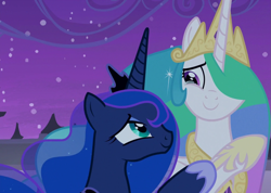 Size: 1513x1080 | Tagged: safe, imported from derpibooru, screencap, princess celestia, princess luna, alicorn, pony, season 9, the summer sun setback, spoiler:s09, canterlot, cropped, crown, crying, duo, duo female, female, grin, hoof shoes, jewelry, looking at each other, mare, night, proud, regalia, siblings, sisters, smiling, tears of joy, teary eyes