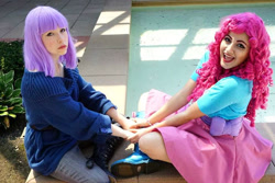 Size: 720x480 | Tagged: safe, artist:littlemissbloo, artist:sarahndipity cosplay, imported from derpibooru, maud pie, pinkie pie, human, bronycon, bronycon 2015, equestria girls, boots, clothes, cosplay, costume, irl, irl human, jeans, open mouth, pants, photo, shoes, skirt