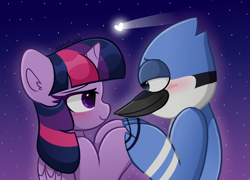 Size: 6800x4900 | Tagged: safe, artist:kittyrosie, imported from derpibooru, twilight sparkle, alicorn, bird, blue jay, pony, absurd resolution, blushing, crossover, crossover shipping, cute, duo, female, looking into each others eyes, male, mare, mordecai, mordetwi, night, night sky, ocbetes, regular show, shipping, shooting star, sky, straight, twiabetes, twilight sparkle (alicorn)