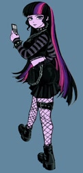 Size: 697x1438 | Tagged: safe, artist:nairdags, imported from derpibooru, twilight sparkle, equestria girls, alternate hairstyle, boots, cellphone, choker, clothes, female, fishnets, garter, goth, lips, looking at you, looking back, midriff, phone, punklight sparkle, shoes, short shirt, simple background, skirt, solo, spiked choker, spiked wristband, stockings, thigh highs, thousand yard stare, wristband