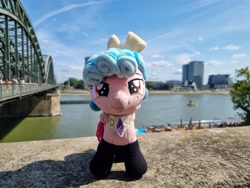 Size: 2048x1536 | Tagged: safe, artist:xeto_de, imported from derpibooru, cozy glow, bridge, cologne, germany, irl, photo, plushie, rhine