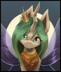 Size: 1024x1214 | Tagged: safe, artist:phi, imported from derpibooru, queen chrysalis, changedling, changeling, crown, female, insect wings, jewelry, necklace, purified chrysalis, regalia, simple background, solo, wings