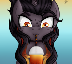 Size: 1559x1397 | Tagged: safe, artist:princessmoonsilver, imported from derpibooru, oc, oc only, oc:dimness ashes, pony, bust, female, mare, portrait, smoothie, solo