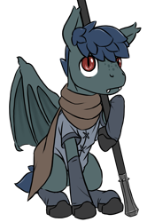 Size: 849x1276 | Tagged: safe, artist:multiverseequine, derpibooru exclusive, imported from derpibooru, oc, oc only, oc:rough fluff, bat pony, pony, bat pony oc, bat wings, clothes, daybreak island, fangs, full body, looking at you, lucerne, male, red eyes, redraw, scarf, shirt, shoes, simple background, sitting, socks, solo, spread wings, stallion, weapon, white background, wings