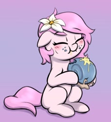 Size: 1401x1536 | Tagged: safe, artist:heretichesh, imported from derpibooru, oc, oc only, oc:kayla, earth pony, pony, snail, blushing, butter, eating, escargot, eyes closed, female, filly, flower, flower in hair, food, meat, ponies eating bugs, ponies eating meat, purple background, simple background, sitting, solo