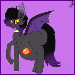 Size: 2000x2000 | Tagged: safe, artist:shylista's art, imported from derpibooru, oc, oc:zenaris blackmour, bat pony, bat pony oc, bat wings, belly, big belly, blushing, collar, dyed mane, dyed tail, embarrassed, food, high res, huge belly, impossibly large belly, large belly, male, mango, stallion, trap, wings
