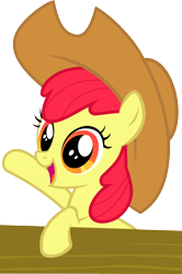 Size: 2652x3987 | Tagged: safe, artist:irisiter, imported from derpibooru, apple bloom, earth pony, pony, the last roundup, cowboy hat, female, filly, hat, high res, open mouth, open smile, raised hoof, simple background, smiling, solo, transparent background, vector