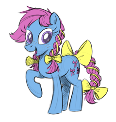 Size: 504x528 | Tagged: safe, artist:mellodillo, imported from derpibooru, bowtie (g1), earth pony, pony, bow, bow tie (g1), braid, braided tail, female, g1, g1 to g4, g4, generation leap, mare, open mouth, simple background, solo, tail bow, white background