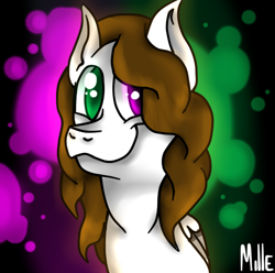 Size: 510x506 | Tagged: safe, artist:millefaller, imported from derpibooru, oc, oc only, pegasus, pony, abstract background, bust, female, heterochromia, mare, pegasus oc, signature, smiling, solo, two toned wings, wings