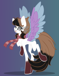 Size: 1835x2358 | Tagged: safe, artist:donnie-moon, imported from derpibooru, oc, oc only, pegasus, pony, abstract background, clothes, coat markings, female, mare, pegasus oc, scarf, signature, socks (coat markings), sombra eyes, swirly eyes, two toned wings, wings