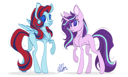 Size: 2003x1207 | Tagged: safe, artist:donnie-moon, imported from derpibooru, starlight glimmer, oc, pegasus, pony, unicorn, alternate hairstyle, duo, female, horn, mane swap, mare, pegasus oc, raised hoof, signature, simple background, smiling, transparent background, wings