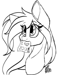 Size: 2309x2995 | Tagged: safe, artist:donnie-moon, imported from derpibooru, oc, oc only, earth pony, pony, bust, earth pony oc, eye clipping through hair, female, high res, lineart, mare, monochrome, mouth hold, signature, simple background, solo, white background