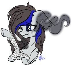 Size: 2945x2686 | Tagged: safe, artist:donnie-moon, imported from derpibooru, oc, oc only, earth pony, pony, bandage, bust, crying, earth pony oc, female, high res, leg wraps, mare, one eye closed, signature, simple background, solo, sombra eyes, white background, wink