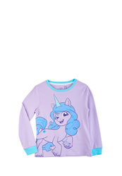 Size: 762x1100 | Tagged: safe, imported from derpibooru, izzy moonbow, pony, unicorn, 2d, clothes, female, g5, mare, merchandise, my little pony logo, official, pajamas, simple background, solo, white background