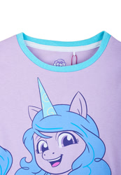 Size: 762x1100 | Tagged: safe, imported from derpibooru, izzy moonbow, pony, unicorn, 2d, clothes, female, g5, mare, merchandise, my little pony logo, official, pajamas, simple background, solo, white background