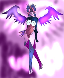 Size: 1400x1700 | Tagged: safe, artist:foxgearstudios, imported from derpibooru, sci-twi, twilight sparkle, equestria girls, clothes, duality, female, midnight sparkle, solo, spread wings, wings