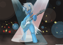 Size: 1470x1058 | Tagged: safe, artist:alliszero, imported from derpibooru, oc, oc only, pony, unicorn, bipedal, eyes closed, guitar, musical instrument, solo focus, spotlight, stage, sweat