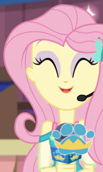 Size: 1123x1867 | Tagged: safe, imported from derpibooru, screencap, fluttershy, best in show: the victory lap, equestria girls, equestria girls series, spoiler:eqg series (season 2), ^^, clothes, cropped, cute, cutie mark on clothes, earpiece, eyes closed, eyeshadow, fluttershy boho dress, geode of fauna, giggling, grin, hairpin, happy, jewelry, magical geodes, makeup, microphone, necklace, pet show logo, pink eyeshadow, pink hair, shyabetes, sleeveless, smiling, solo, yellow skin