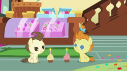 Size: 1280x720 | Tagged: safe, imported from derpibooru, screencap, pound cake, pumpkin cake, pegasus, pony, unicorn, it isn't the mane thing about you, season 7, baby, baby pony, cake twins, colt, cupcake, female, filly, foal, food, male, siblings, smiling, sugarcube corner, twins