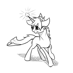 Size: 1800x1800 | Tagged: safe, artist:joan-grace, imported from derpibooru, oc, oc only, oc:angel, pony, unicorn, glowing horn, horn, lineart, monochrome, smiling, solo