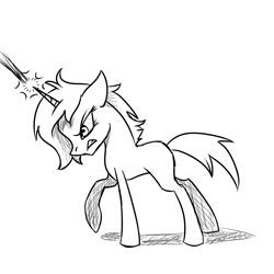 Size: 1800x1800 | Tagged: safe, artist:joan-grace, imported from derpibooru, oc, oc only, oc:tripwire, pony, angry, blast, glowing horn, horn, lineart, magic, magic beam, magic blast, monochrome, raised hoof, solo