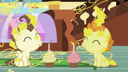 Size: 1280x720 | Tagged: safe, imported from derpibooru, screencap, pound cake, pumpkin cake, pegasus, pony, unicorn, it isn't the mane thing about you, season 7, :o, ^^, baby, baby pony, cake twins, colt, cupcake, cute, eyes closed, female, filly, foal, food, male, open mouth, poundabetes, pumpkinbetes, siblings, sugarcube corner, twins