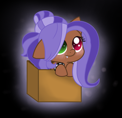 Size: 1153x1119 | Tagged: safe, artist:aonairfaol, imported from derpibooru, oc, oc only, earth pony, pony, base used, black background, box, chibi, earth pony oc, eyelashes, heterochromia, pony in a box, simple background, solo, spiked wristband, wristband