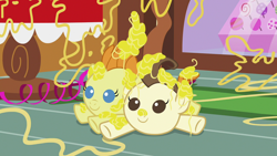 Size: 1280x720 | Tagged: safe, imported from derpibooru, screencap, pound cake, pumpkin cake, pegasus, pony, unicorn, it isn't the mane thing about you, season 7, baby, baby pony, cake twins, colt, female, filly, foal, male, siblings, smiling, sugarcube corner, twins