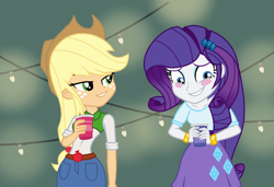 Size: 1164x794 | Tagged: safe, artist:aonairfaol, imported from derpibooru, applejack, rarity, equestria girls, legend of everfree, base used, bedroom eyes, blushing, clothes, cutie mark, cutie mark on clothes, eyelashes, female, freckles, lesbian