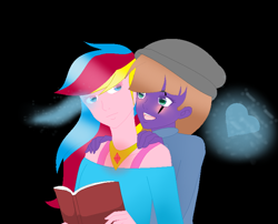 Size: 772x624 | Tagged: safe, artist:aonairfaol, imported from derpibooru, oc, oc only, equestria girls, base used, beanie, black background, book, grin, hat, heart, jewelry, necklace, oc x oc, shipping, simple background, smiling