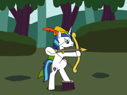 Size: 1280x960 | Tagged: safe, artist:platinumdrop, imported from derpibooru, shining armor, pony, arrow, bipedal, bow, brooch, cape, clothes, hat, jewelry, request, robin hood, solo