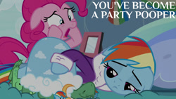 Size: 1280x720 | Tagged: safe, edit, edited screencap, editor:quoterific, imported from derpibooru, screencap, pinkie pie, rainbow dash, tank, earth pony, pegasus, pony, tortoise, season 5, tanks for the memories, blanket, clothes, eyes closed, female, floppy ears, mare, open mouth, rainbow dash's house, tanktop