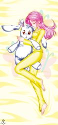 Size: 1773x3793 | Tagged: safe, artist:mauroz, imported from derpibooru, angel bunny, fluttershy, human, rabbit, animal, anime, barefoot, clothes, commission, cute, eyes closed, feet, female, humanized, pajamas, plushie, shyabetes, solo