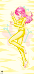 Size: 1773x3793 | Tagged: safe, alternate version, artist:mauroz, imported from derpibooru, fluttershy, human, anime, barefoot, bed, blushing, clothes, eyes closed, feet, female, high res, humanized, lying down, on side, pajamas, sleeping, solo